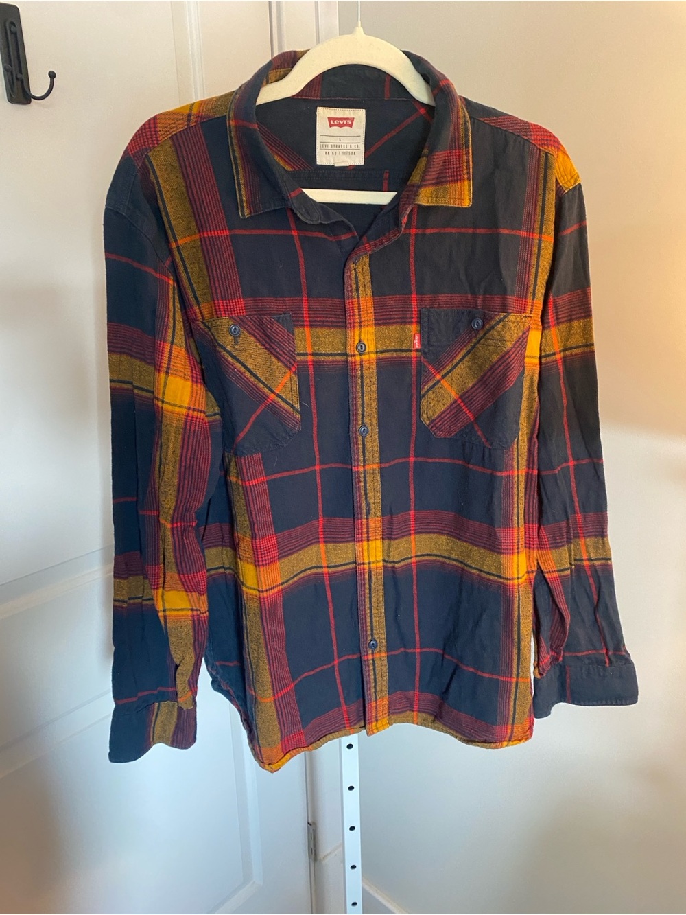 Levi's Men's Navy Plaid Button-Down Shirt with Red & Yellow Accents L